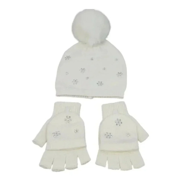 Girls White/Cream Sparkly Snowflake Knit Hat Beanie with Fingerless Glove set - Picture 1 of 13
